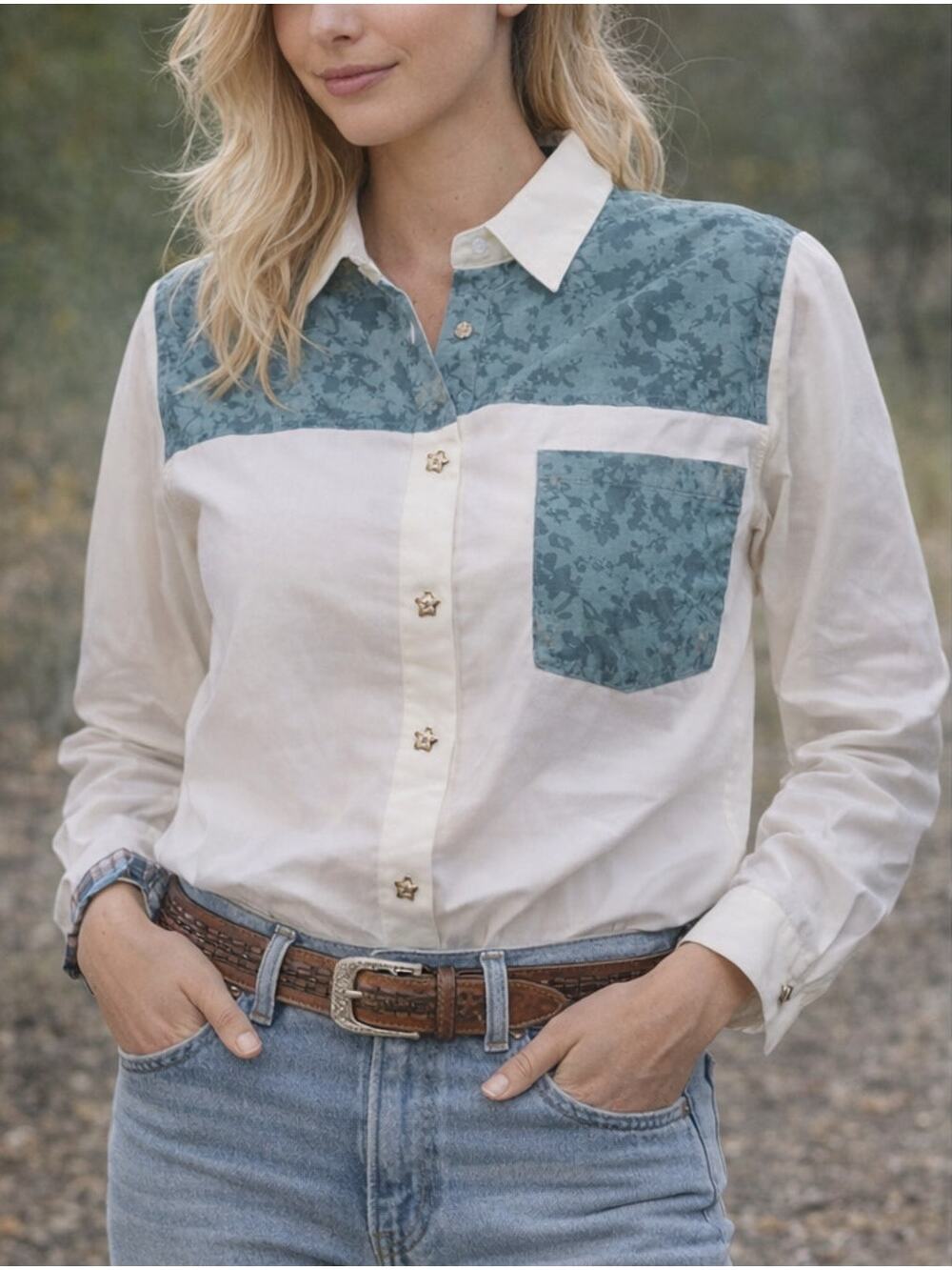 VTG CB Elements Western Floral Shirt White Sheer USA Made L
